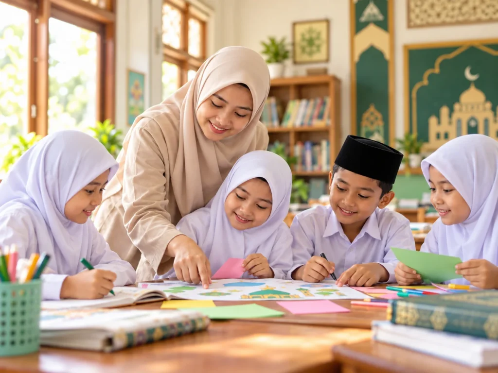 Ilustrasi guru mendampingi karya kelompok dari kertas berwarna
