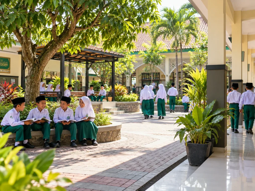 Ilustrasi halaman sekolah dengan pepohonan dan ruang kelas