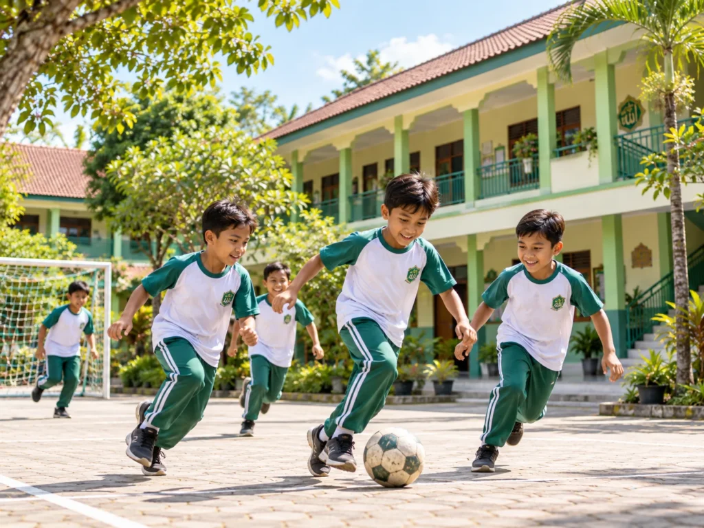Ilustrasi anak bermain bola bersama di halaman