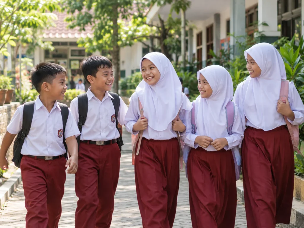 Ilustrasi kelompok anak berbincang di halaman sekolah